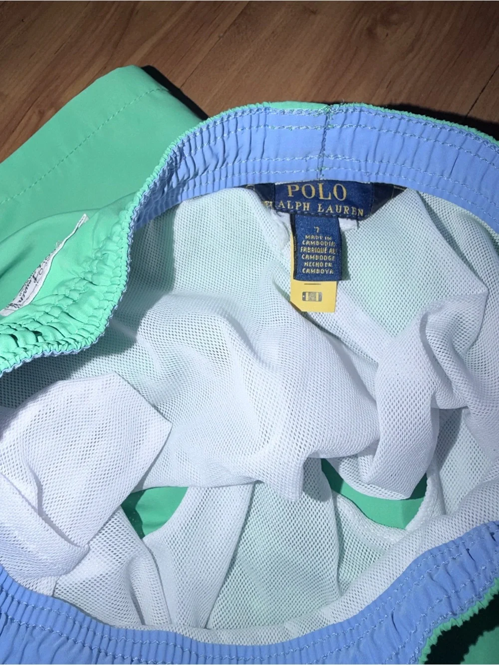 Ralph Lauren Kids Mint Green Swim Trunks with Light Blue Drawstring
